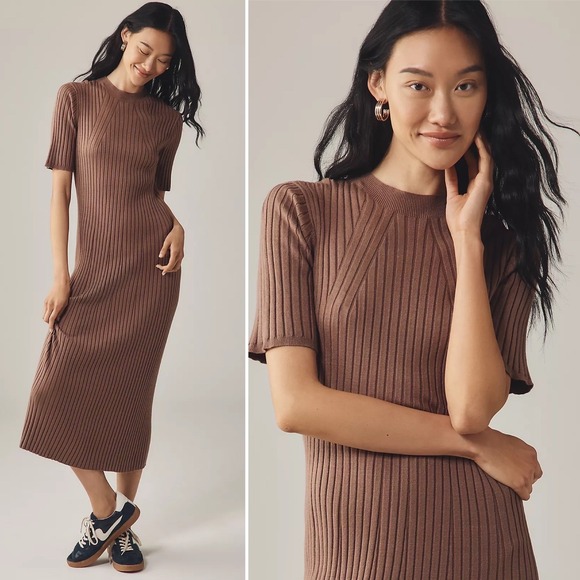 Varley Dresses & Skirts - NWT Anthropologie Varley 2.0 Short Sleeve Ribbed Knit Midi Dress Taupe XL $168